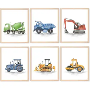 X-OMT06 Construction Room Decor for Boys, Boys Nursery Decor, Toddler Boy Room Decor, Playroom Wall Art Watercolour Truck Prints for  Room, Car Pictures Wall Decor for Playroom, Nursery, Bedroom, Truck Vehicles Posters - 8"x10"x6PCS, Unframed Box Colorful