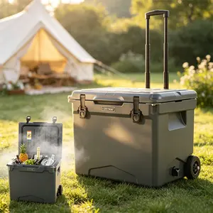 42QT Wheeled Hard Cooler with Telescopic Handle, Insulated Ice Chest with Cup Holders & Bottle Opener, Portable Rolling Cooler for Camping Beach Tailgating Fishing summervibes Camp Stove Ice Box outdoorfun
