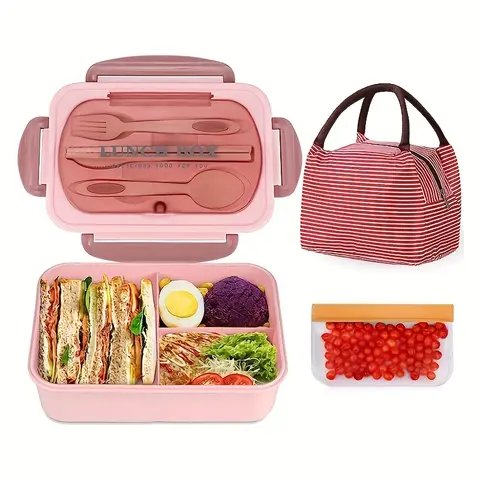BPA-Free 3-Piece 2-Layer PVC Lunch Box Set (1200ml, 1,000-2,000 ml Range) with Insulated Heat-Hold Bag, Snack Pouch, Cutlery Set (Knife, Fork, Chopsticks, Rice Spoon) - Microwave-Safe Heatproof Tableware for School, Office