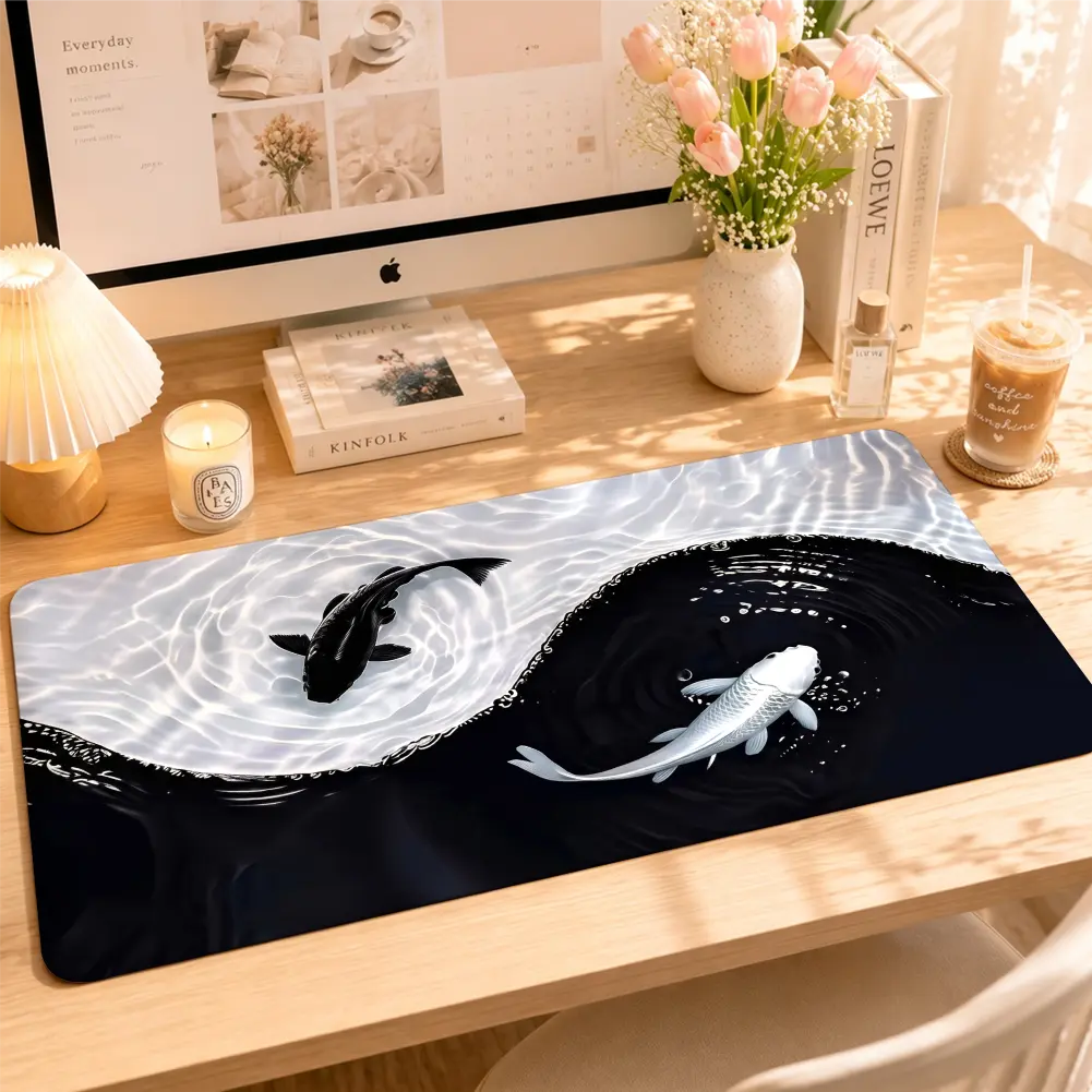 Rectangular Yin Yang Koi Fish Fabric Extended Mouse Pad - 12 × 24 In/16×32 in Natural Rubber, Durable Stitched Edges, Non-Slip, Large Protective Surface, Gaming Desk Accessory, Desk Decor, Everyday Use