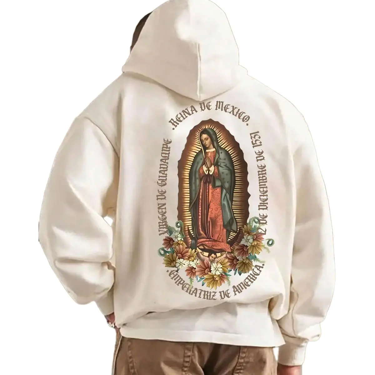 Letter & Virgin Mary Print Hoodie, Regular Fit Casual Pocket Hooded for Spring & Fall, Unisex Clothes for Daily Wear
