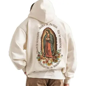 Letter & Virgin Mary Print Hoodie, Regular Fit Casual Pocket Hooded for Spring & Fall, Unisex Clothes for Daily Wear