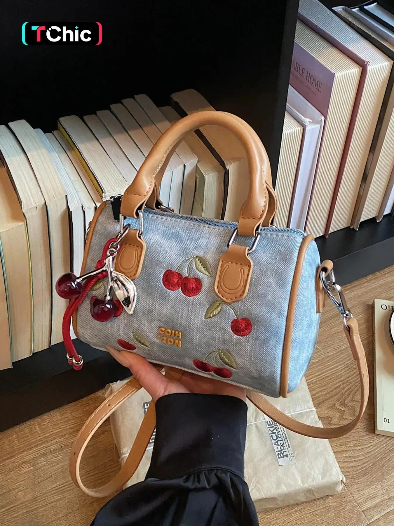 Women's Cherry Embroidered Mini Boston Pillow Crossbody Bag, 2-Tone Brown & Silver Options, Casual Handbags for Women, Everyday Bag for Travel Dating Shopping