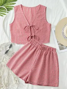 2-piece plaid striped sleeveless crop vest top and high-waisted loose shorts women's casual suit Clothes Womenswear