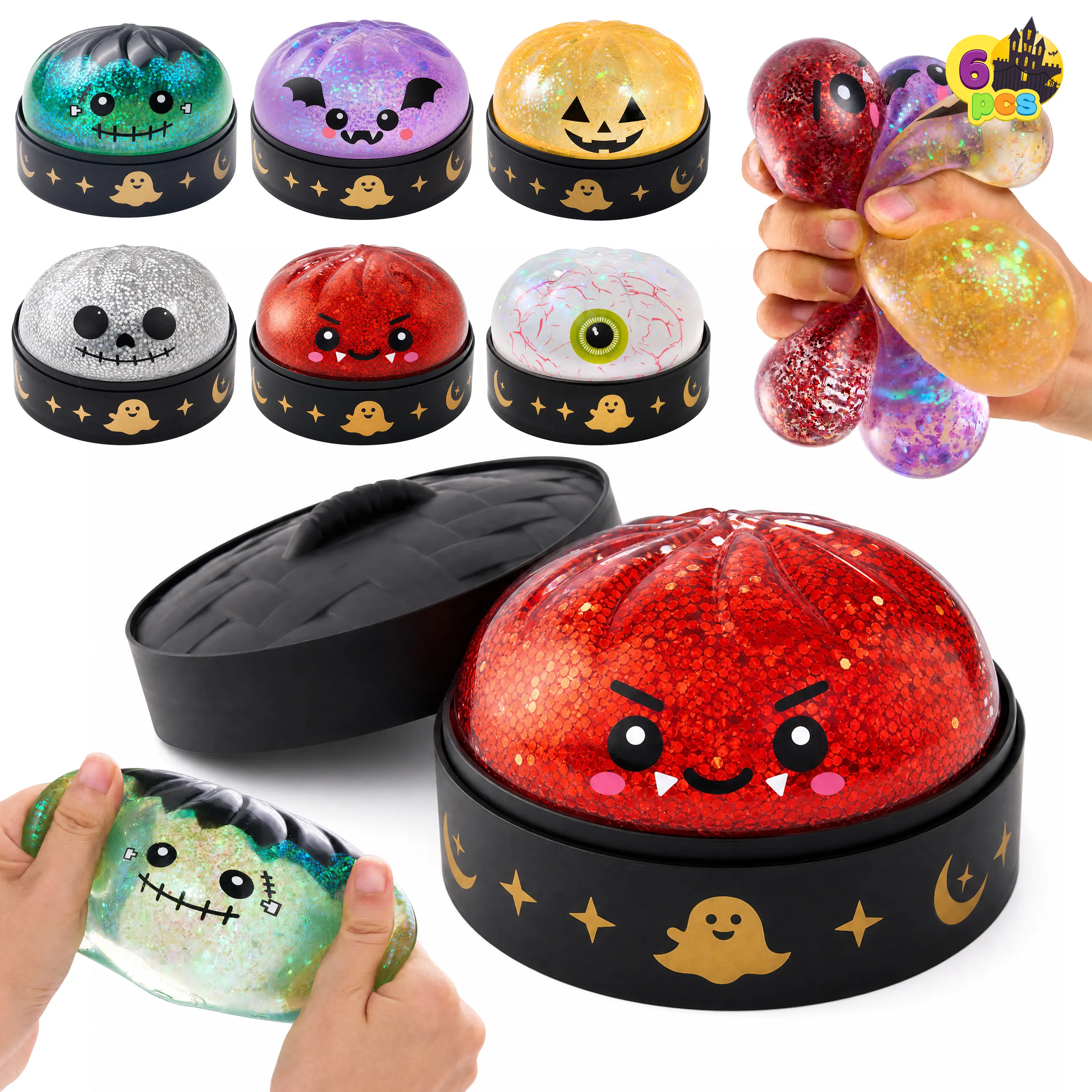 Halloween Dumpling Stress Relief Toys, 1pcs/3pcs/6pcs with Steamer Storage Boxes,Slow‑rebound maltose squishy toys, ideal for Halloween party gifts, featuring grimace pumpkin and little devil designs