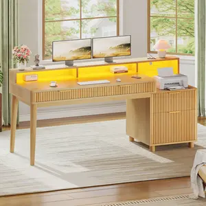 SEDETA 59 Inch Modern Office Desk with 4 Drawers Fluted Wood Gaming Computer Desk with Storage LED Lights and Power Strip Writing Desk Study Table