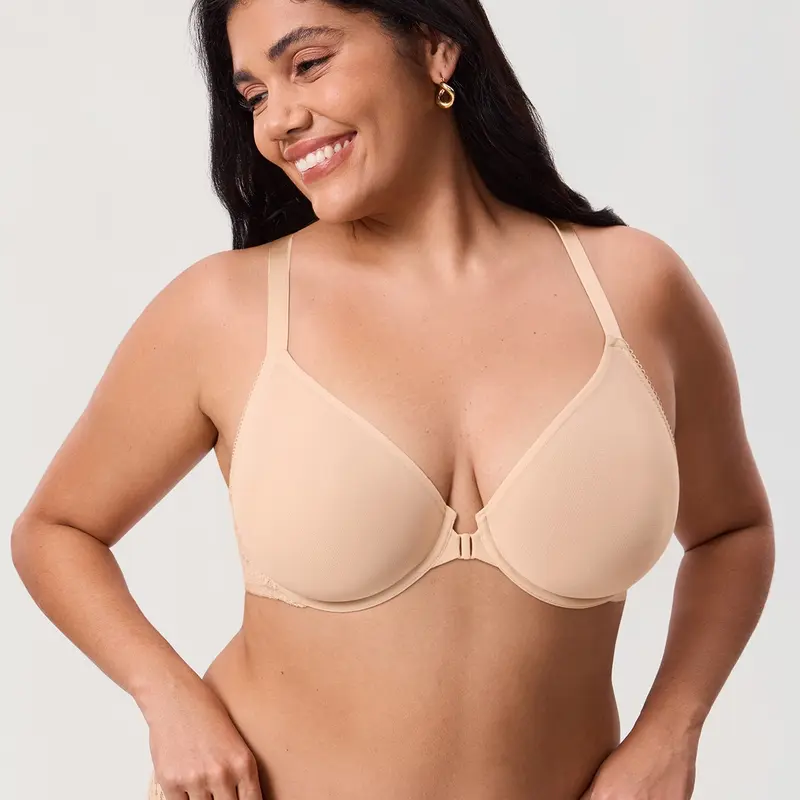 DELIMIRA Women's Front Closure Bras Racerback Sheer See Through Full Coverage Plus Size Underwire Unlined Bra