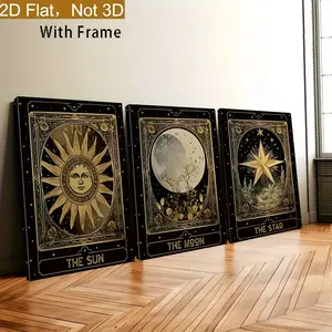 2D Flat 3-Piece Set: Sun, Stars, and Moon Tarot Element Decorative Canvas Poster--Black and Gold Sky Art Wall Decor, suitable for home, office, or bedroom, 2D flat design