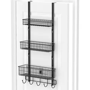 Over The Door Organizer with Hooks 3 Tier  Towel Hanger Baskets Metal Behind  Storage Shelf Pantry Racks for Bedroom Bathroom Black, R01-R984