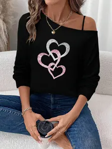 Women's Long Sleeve Heart Pattern Top, Adjustable Shoulder Straps, Casual Fitted Design, Perfect for Daily Wear & Outdoors