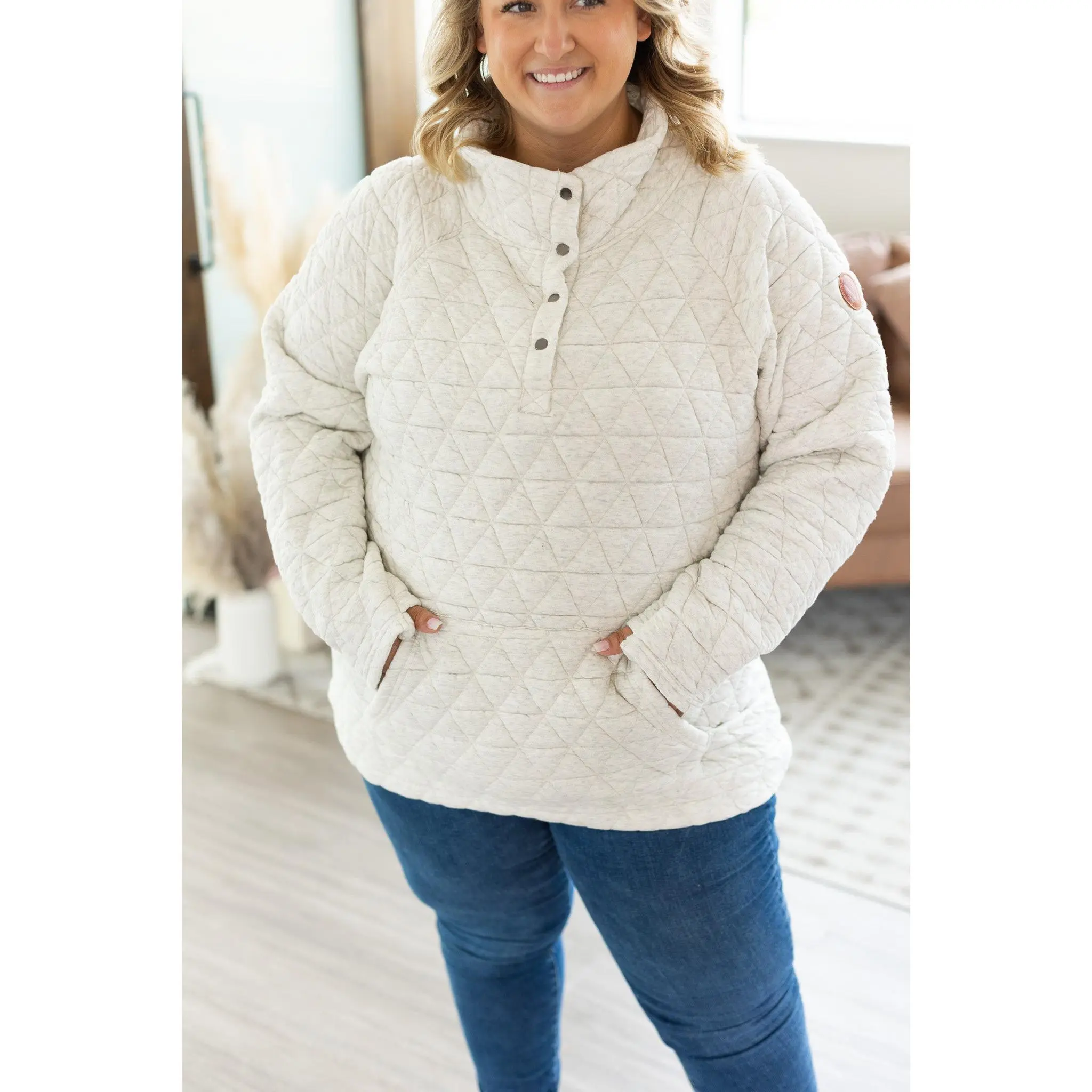 IN STOCK Geometric Button Snap Pullover - Oatmeal