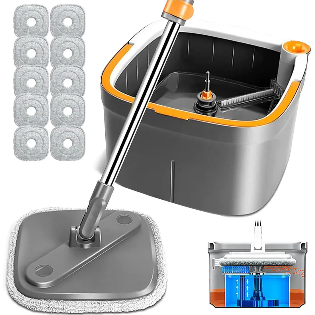 Dark Gray Spin Mop Bucket with 10 Pads