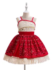 Girl's Floral Embroidery Asymmetrical Neck Dress with Tassel Trim, Elegant Appliques Sleeveless Dress for Party Performance, Kids Clothes for All Seasons
