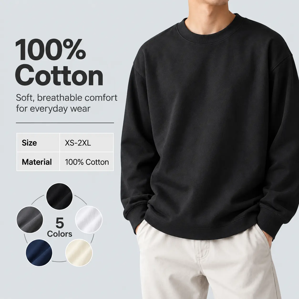 Men’s basic solid-color crewneck sweatshirt, 1000% cotton long sleeves for everyday wear
