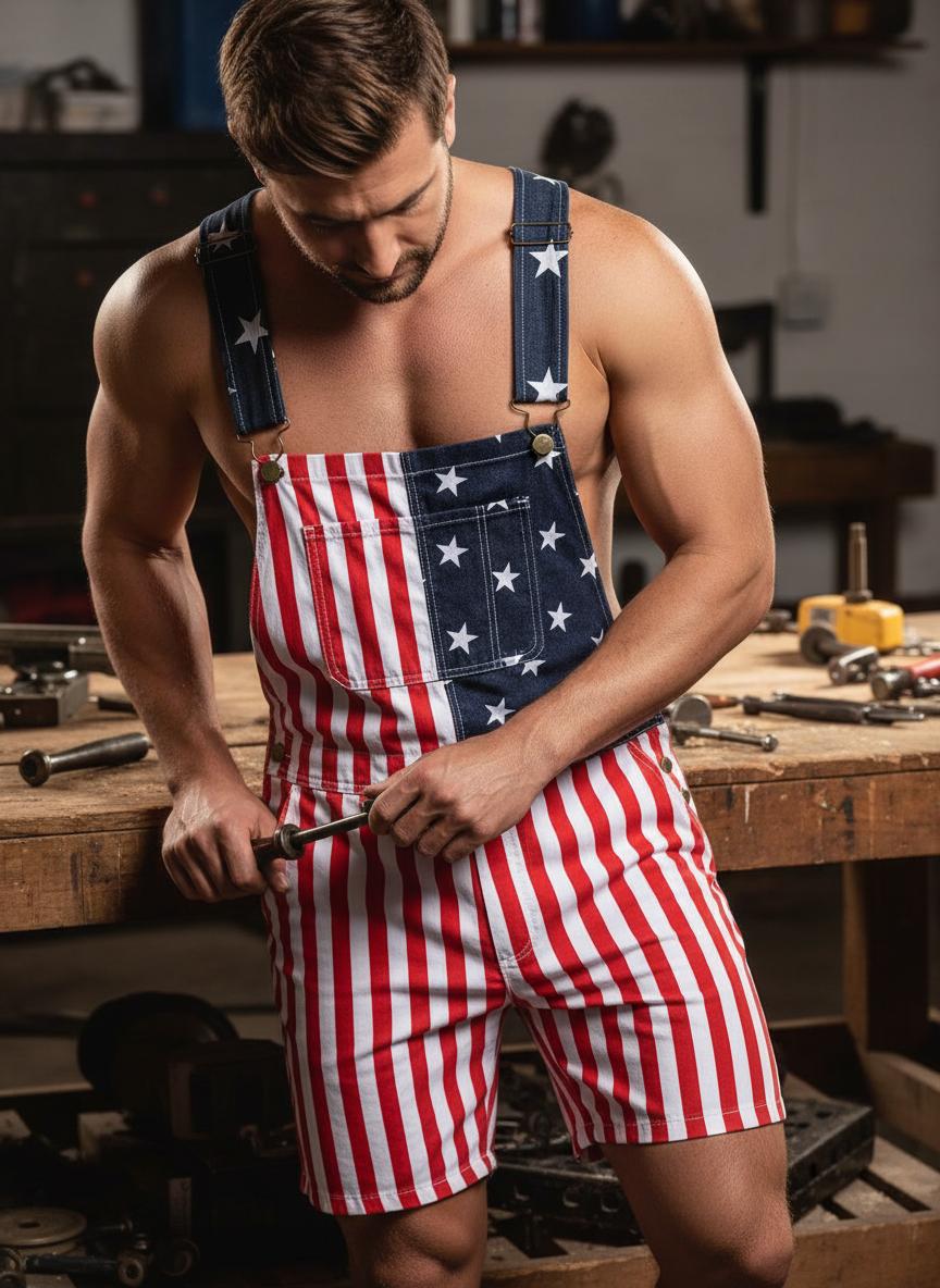 Yuanbang 250th Anniversary Shorts 4th of July American Flag Overalls for Men USA Stretchy Denim Romper Memorial Day Coveralls Patriotic Gifts for Couples Father's Day Workwear Summer Jumpsuits Fashion Menswear Daily Outdoor Outfits