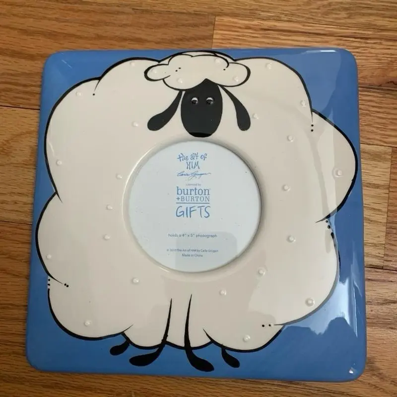 BURTON+BURTON His Baby Boy Ceramic Photo Frame 8x8 Sheep Design for Cherished Memories Pink Base with White Sheep Art