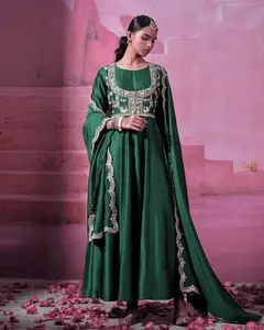 MODERN CHINON SILK EMBROIDERY SEQUENCE WORK GOWN KOTI WITH DUPATTA GREEN