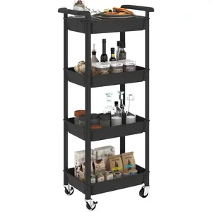 4 Tier Rolling Cart with Handle, Utility Cart with Table Top Easy Assembly Bathroom Storage Cart  Wheels for Office, Living Room, Kitchen, Craft Room, Black
