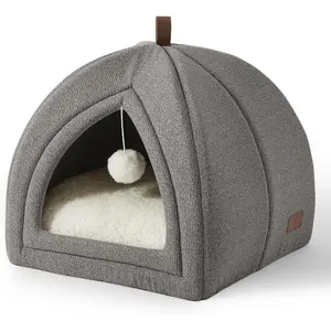 Cat Beds for Indoor - 2 in 1 Cat Cave House Tent for Kittens and Small Pets with Removable Washable Cushioned Pillow, Foldable Kitten Hideaway with Non-Slip Bottom, Grey, 16 inches