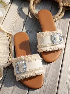 Women's Fashionable Rhinestone Decorated Slides, Casual Comfortable Fringe Design Slide Sandals for Beach Vacation, All-match Slippers for Daily Wear, Walking Shoes, Footwear, Elegant Classy Sandals