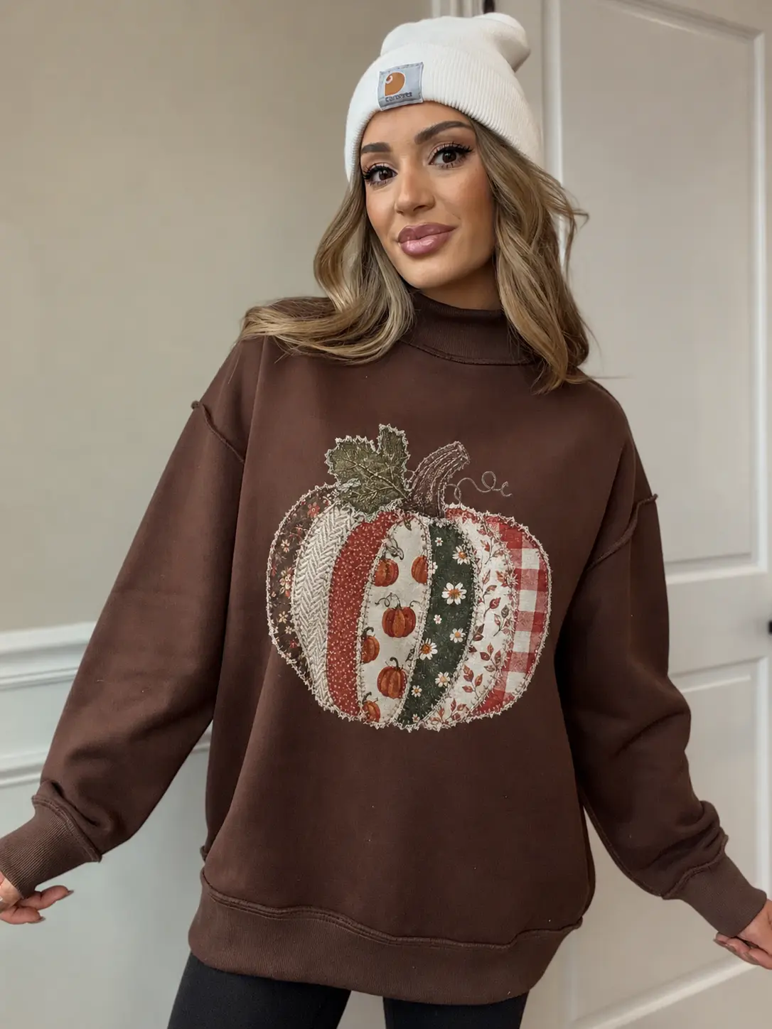 Women's Tilly Pumpkin' Patch Work Brown Oversized Mockneck Long Sleeve Hoodie - Chic, Denim, Everyday Wear Top, Casual