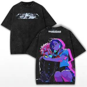 Momo & Okarun Dandadan – Chaotic Duo Oversized Washed Tee featuring Vintage Manga Graphic & Heavy Cotton Streetwear Fit Menswear T-Shirt