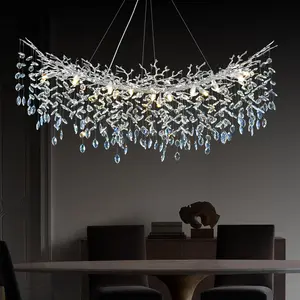 Modern Crystal Silver Chandelier, 55" Large Rectangular Oval Tree Branch Crystal Chandeliers for Dining Room,16-Light Flush Mount K9 Crystal Chandeliers, for Kitchen Island,Dining Room