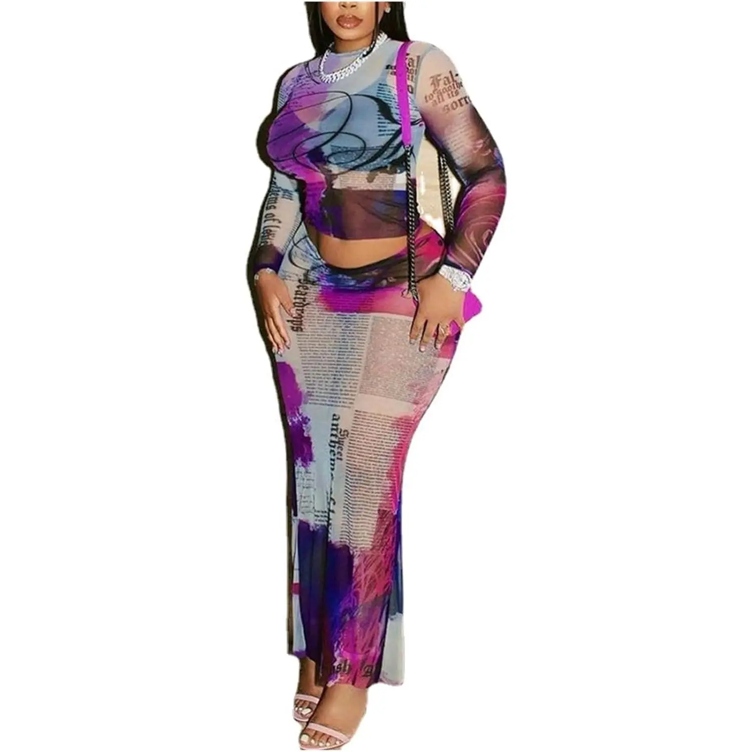 Women's 2-Piece Newspaper Print Clothing Set - Long Sleeve Crop Top, High Waist Sheer Bodycon Skirt with Fit, Lightweight, Elastic, Breathable Fabric