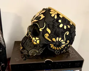 Sugar Skull Planter with Intricate Gold Floral Design for Gothic Home Decor