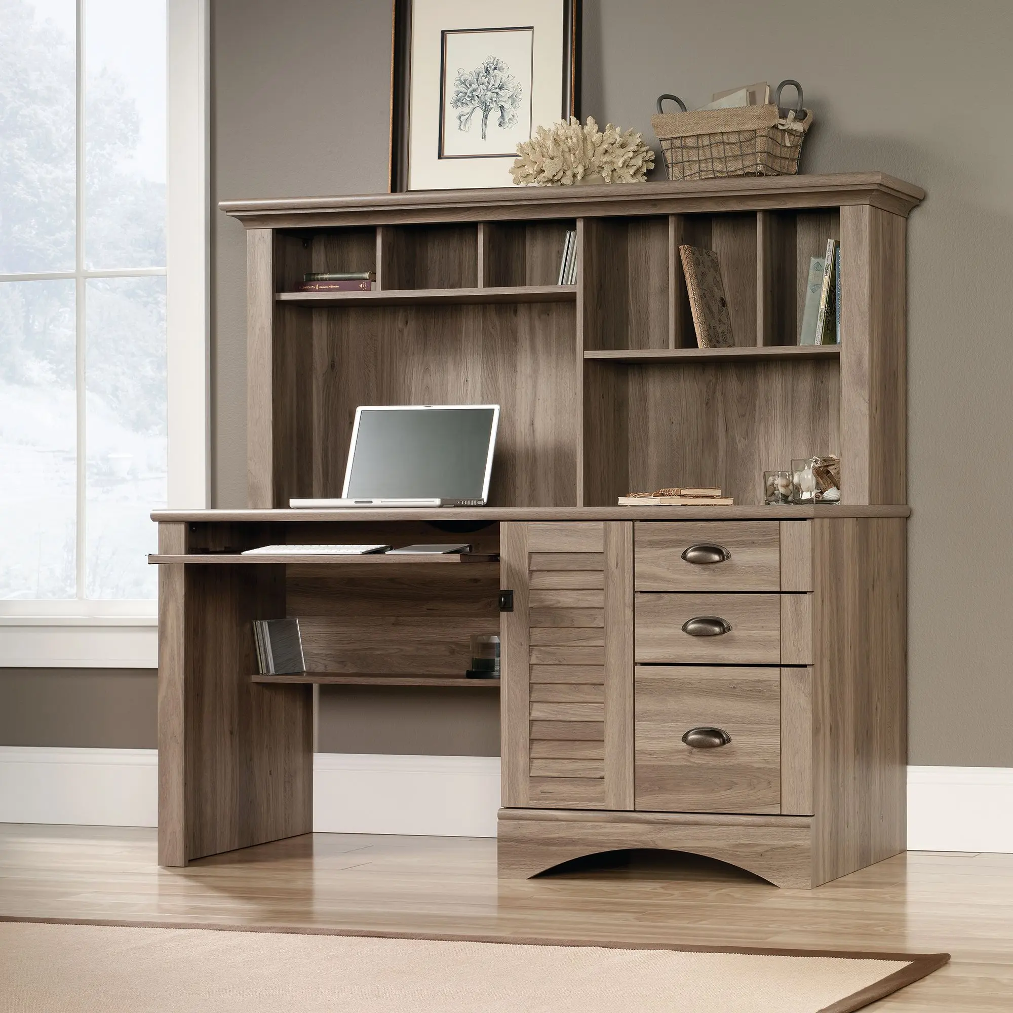 Sauder Harbor View Computer Office Desk with Hutch - Modern Wood Desk, Smooth-Glide Keyboard Shelf, Multiple Storage Options