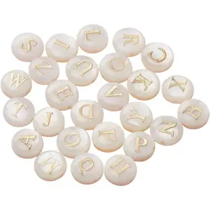 26 count 8mm Letter Freshwater Shell Beads Alphabet A-Z Beads Flat Round Summer Seashell Loose Spacer Letter Shell Charms Initial Bead Friendship Bracelet Bead for DIY  Making