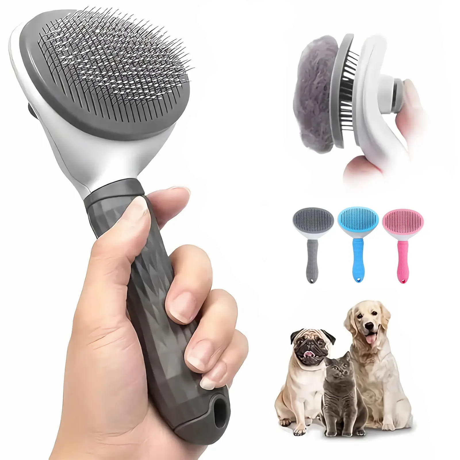 Automatic Pet Grooming Shedding Brush with Cleaning Button, Non-Slip Handle, for Dogs & Cats, Blue Colors Available, Fur Removal Tool