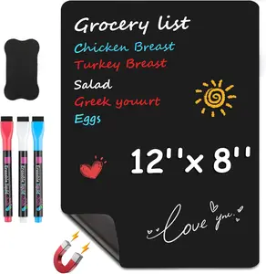MaxGear Magnetic Black Dry Erase Board Sheet 12"x8" for Refrigerator, Small Fridge Magnetic Whiteboard for Kitchen, Fridge Shopping List for Family Planner and Grocery List, 3 Chalk Markers