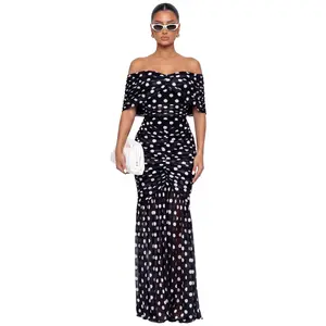 Spotted Off-Shoulder Mesh Maxi Dress
