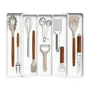 Kitchen Drawer Cutlery Organizer Box, Expandable Cooking Utensil Tray, Adjustable Cutlery Silverware Rack, Plastic Tool Storage Divider