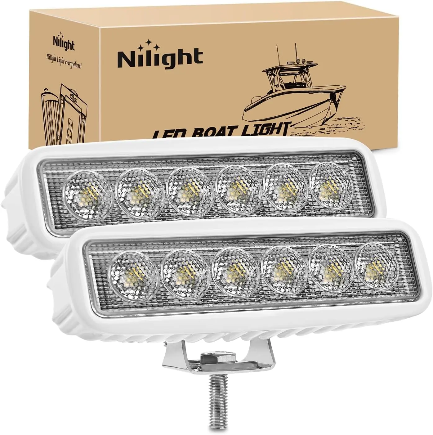 Nilight 2PCS 18W Flush Mount Marine LED Bar, Vehicle Accessories for Outboard, 150° White Flood Beams, IP67 Waterproof, Adjustable Angle, Aluminum Alloy, Pontoon Boat Deck Dock Night Fishing Lights, 72-Hour Salt Spray Test, 9-30V DC
