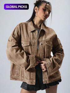 women's plain button front drop shoulder denim coat, casual long sleeve collared pocket outerwear for daily wear, ladies clothes for all seasons, clothing for women, clothes for women, longsleeves womenswear, zip up jacket