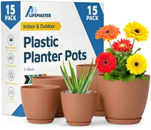 Plant Pots with Drainage Holes & Saucers 15 Pack, Indoor & Outdoor Stackable Space-Saving Planters for Houseplants & Flowers, (7", 6.7", 6", 5.3", and 4.8" Inches), Durable & Weatherproof