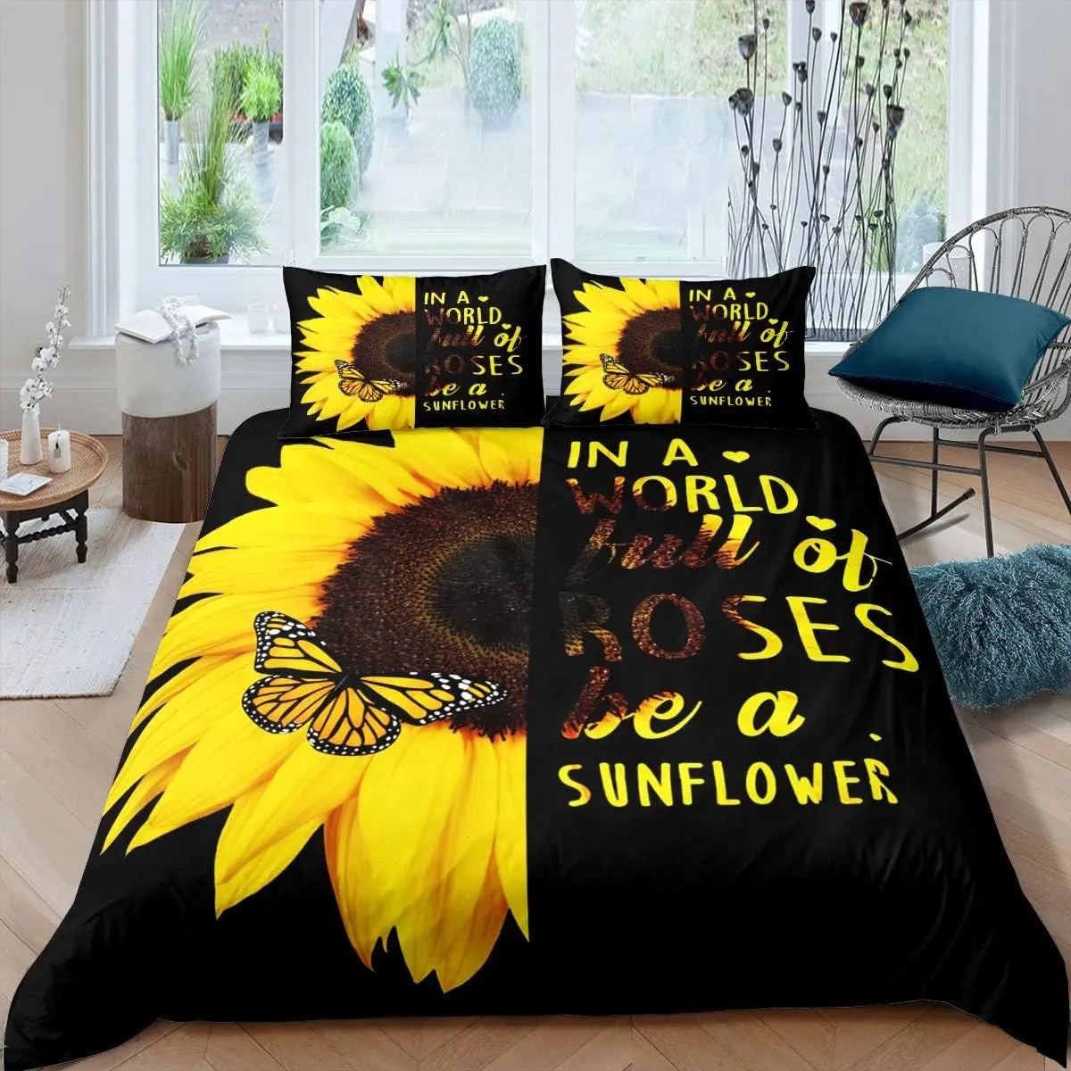 Sunflower Butterfly Comforter Cover,Yellow Floral Boho Chic Duvet Cover,Spring Romantic Garden Style Quilt Cover,Black,No Comforter, Duvet Cover Set, Bedroom Bedding Set