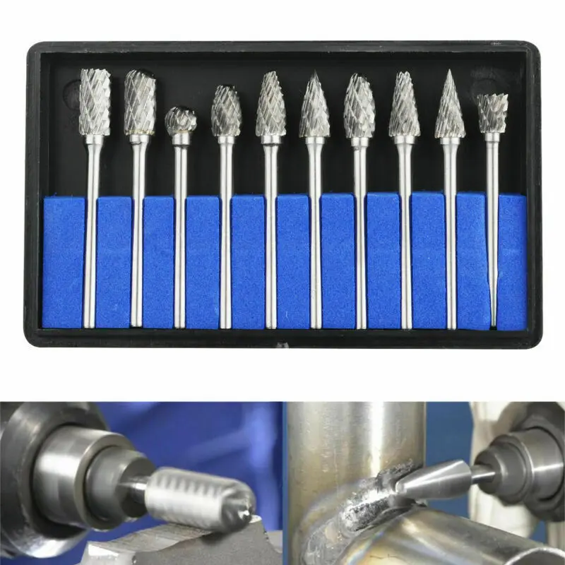 10Pcs Tungsten Carbide Rotary Drill Bits Set, 1/8" & 22mm Shanks, High-Efficiency Tool (10x Faster Than Hand Tools, 200x vs HSS), Compatible with Die Grinders for Carving
