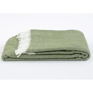 212 MAIN Green & White Moss Dreamy Soft Herringbone Throw Blanket - Classic Weave, Cotton-Acrylic, Soft Texture, Machine Washable, Rectangular Outdoor Sofa Accent Blanket