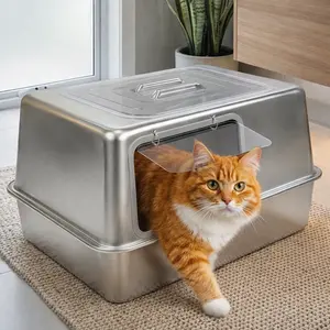 2026 New Upgrade Premium Enclosed Stainless Steel Litter Box with Metal Lid Side Entry Mess-Proof Non-Stick Surface For Big Cats