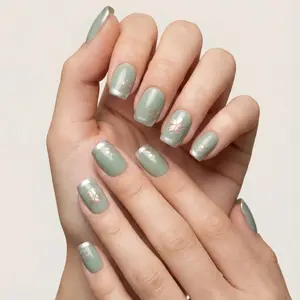 Sage My Flowers design Hand crafted, premade, reusable manicure set Design Press On Nails New Shorty Collection