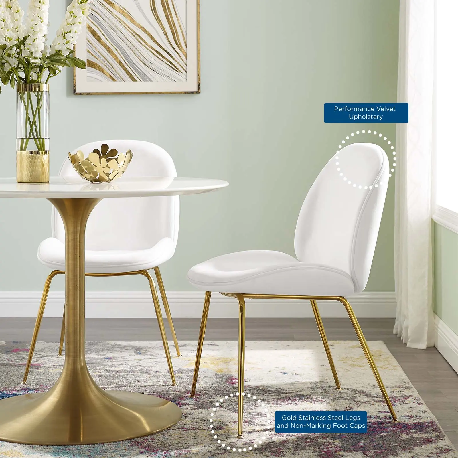 Modway Modern White Performance Velvet Scoop Dining Chair, Gold Stainless Steel Legs, Indoor Furniture, Kitchen Decor, Dining Chairs, Aesthetic, One Size