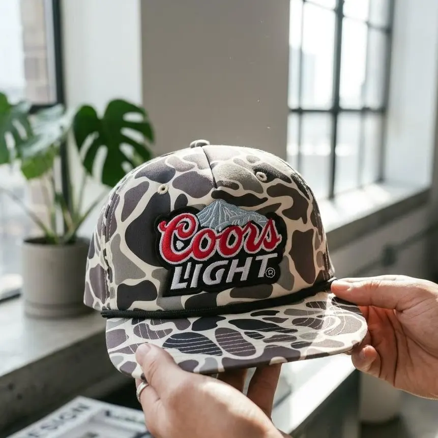Coors Light Embroidered Camo Rope Hat, Vintage Beer Logo Snapback Cap for Men, Adjustable Outdoor Trucker Hat, Casual Hunting Streetwear Gift