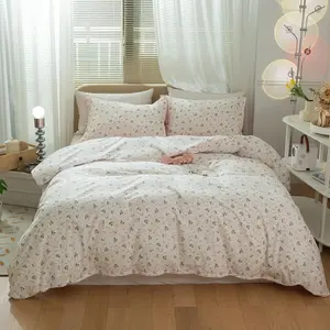 Queen Comforter Set Pink White Flower Leaf Print Bedding Sets, Cute Floral Bedding Comforter Sets for All-(1 Comforter+2 Pillow Shams)-Queen Size