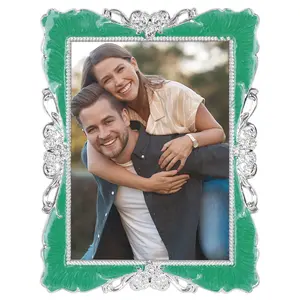 REGALWOVEN Picture Frame, Vintage Retro Plated Picture Frame Decorated with Crystals Photo Frames with Glass Front for Tabletop Display 5x7 Inch Green