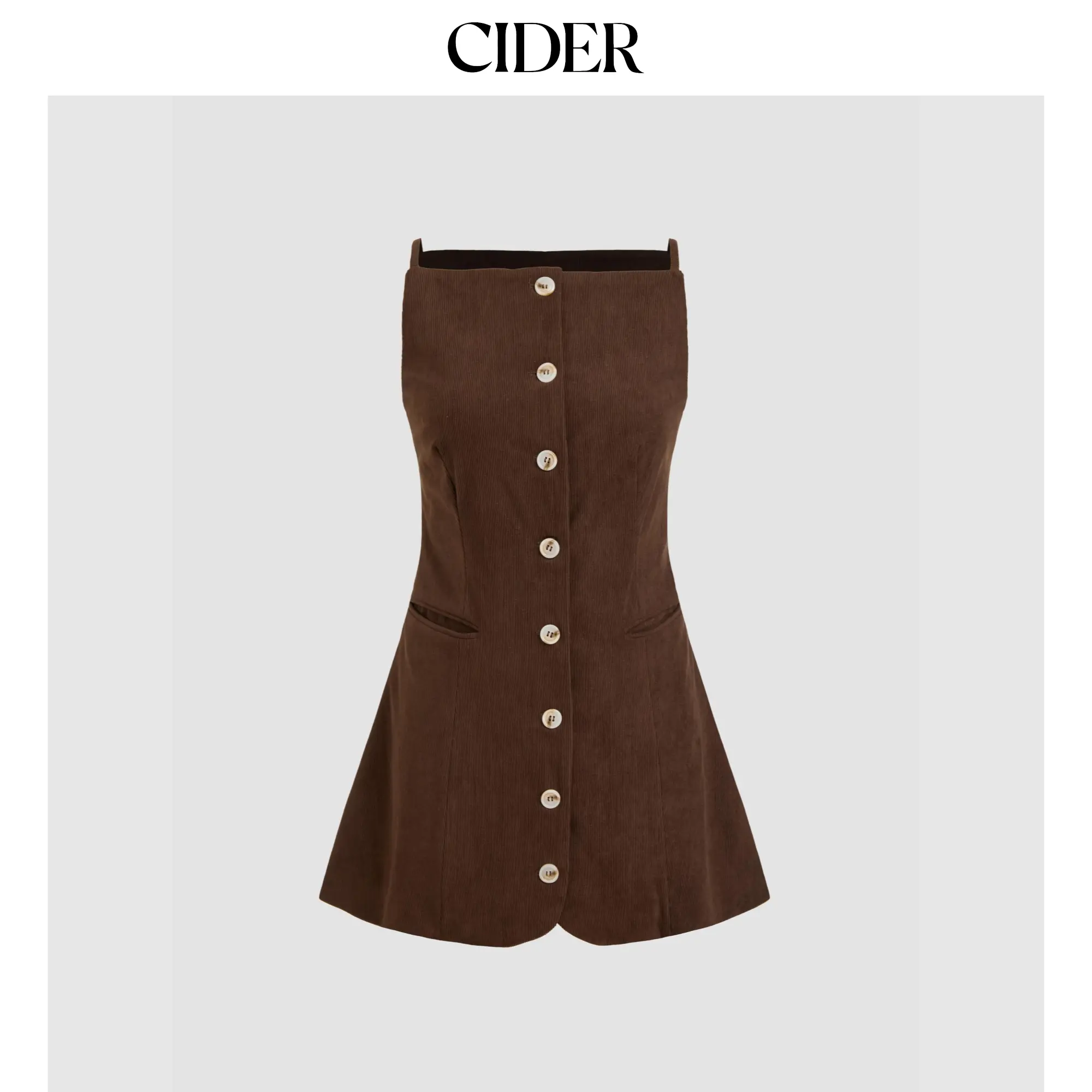 Cider Corduroy Boat Neck Solid Button Mini Dress