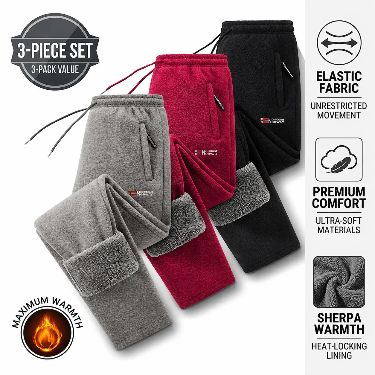 3-pack men’s casual fleece pants with inner fleece lining; winter drawstring warm long pants with pockets; comfortable men’s sock set, long pants, and warm men’s athletic pants.