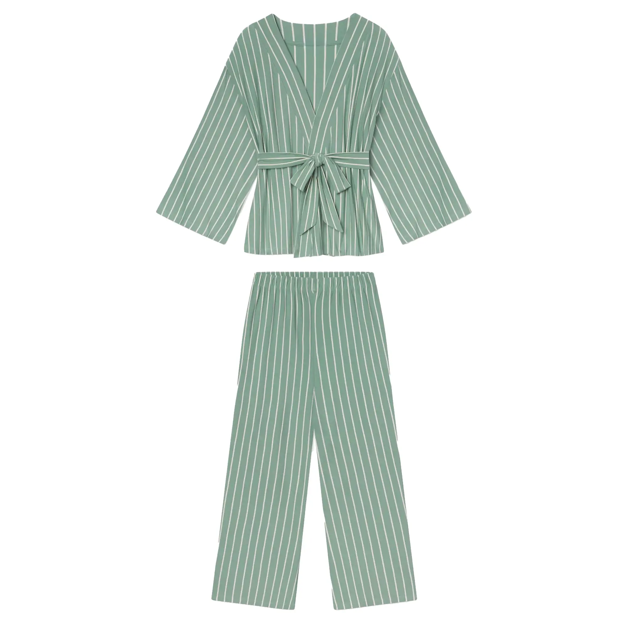 Hixiaohe Women's Cozy Chic 2-Piece Striped Modal Blend Pyjamas Set - Long Sleeve Kimono Neck Top, Drawstring Waist High-Waisted Pants, Comfortable Loungewear Nightwear